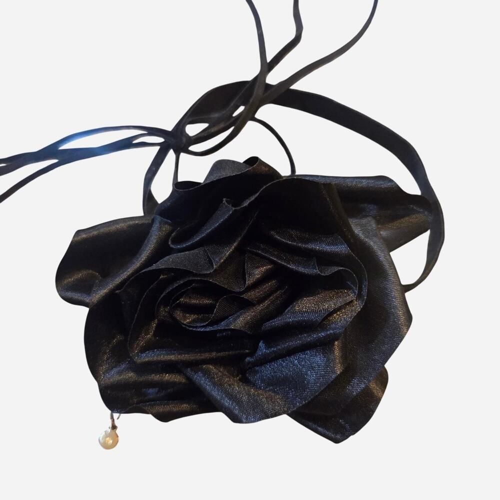 Black satin rose flower chocker